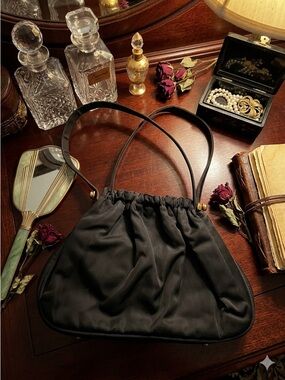 Black Satin Gathered Drawstring Shoulder Bag